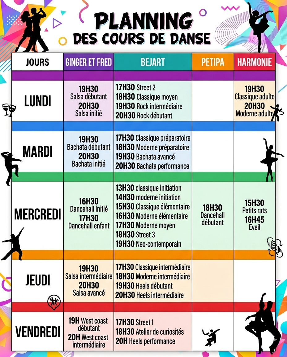 emploi du temps provisoire Evi'Danse école de danse Tarbesisoire planning provisoire de la saison 2026/2027 école de danse Evi'Danse à Tarbes