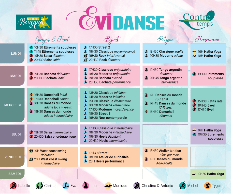 Emploi du temps 2026 / 2027 Evi'Danse Tarbes Planning école de danse Evi'Danse Tarbes pour la saison 2026/2027