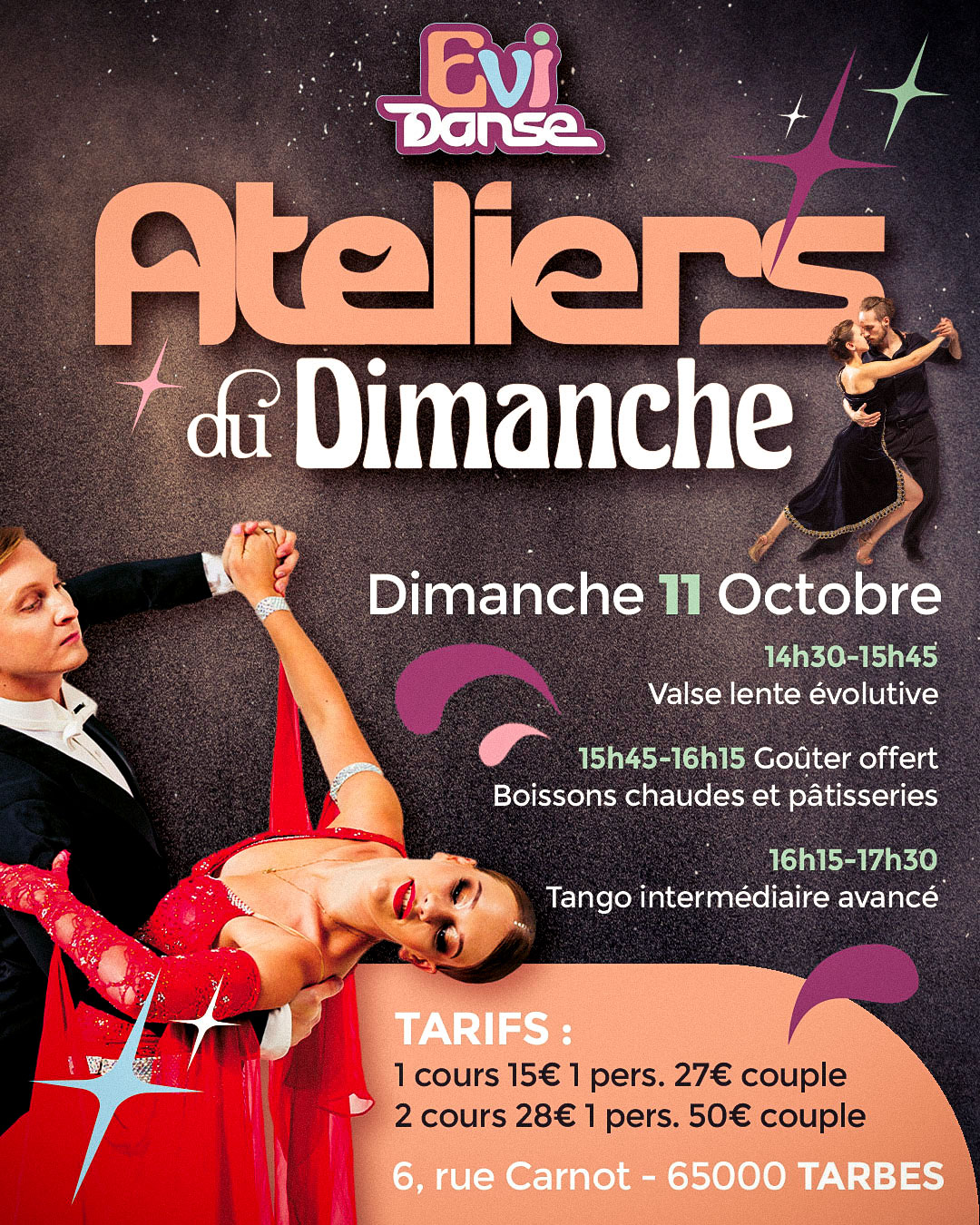 Atelier et stages evi’danse tarbes stages et ateliers pendant les vacances de la Toussaint à Tarbes, salsa, bachata, kizomba, SBK soirée training, valse, tango à Tarbes